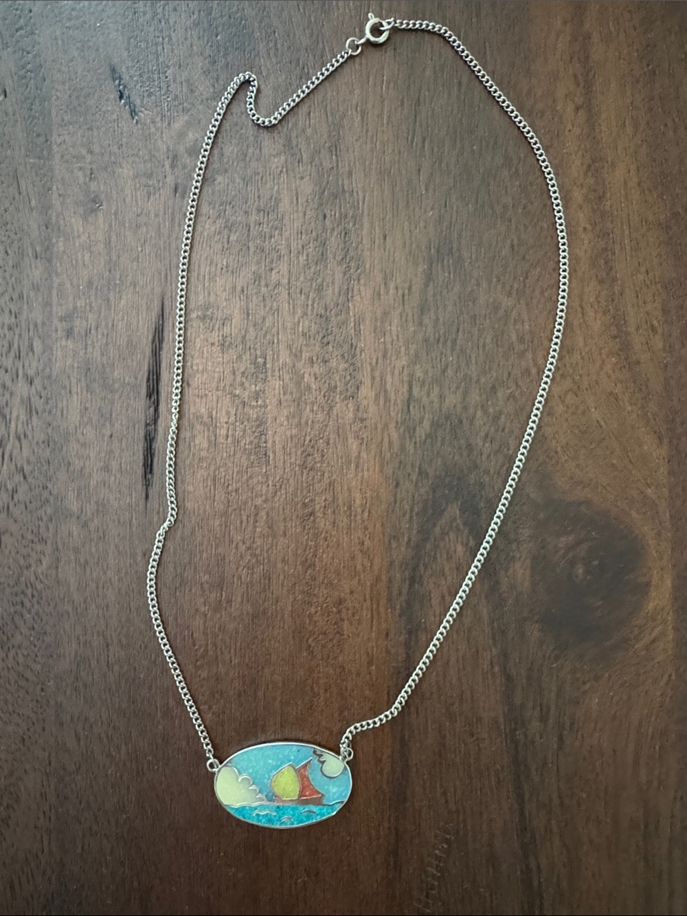 Vintage Women’s Silver Sailboat Enamel Pendant Necklace